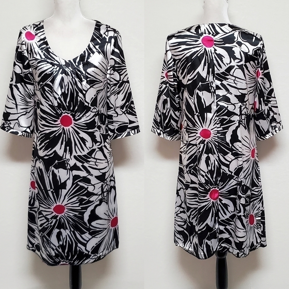 VINTAGE 90s Chico's Black Fuschia Satin Abstract Floral V-neck Shift Dress